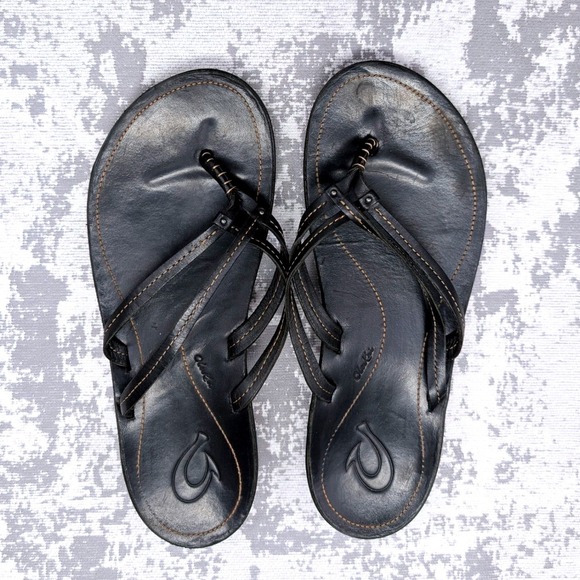 OluKai Shoes - Olukai Ohana Flip Flop Sandals Black Leather Thong Women US 9 EU 39